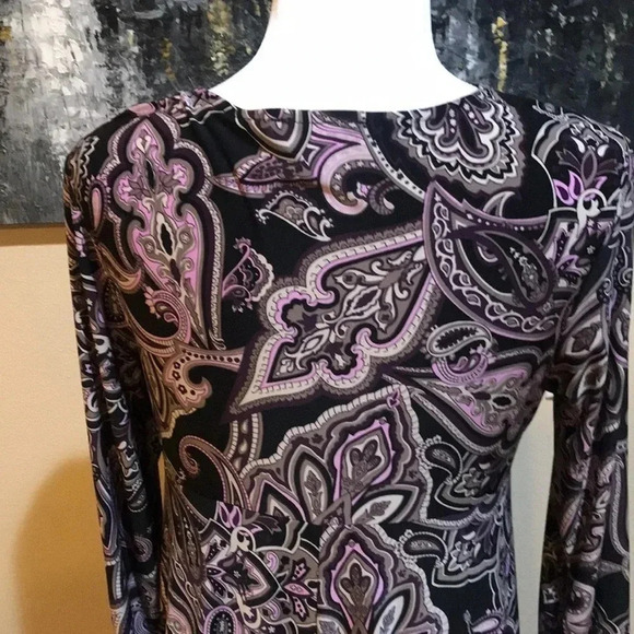 I.N.C. Black & Purple Paisley Print Stretch Shark Tail Hem V-Neck Dress Size L - Picture 7 of 8